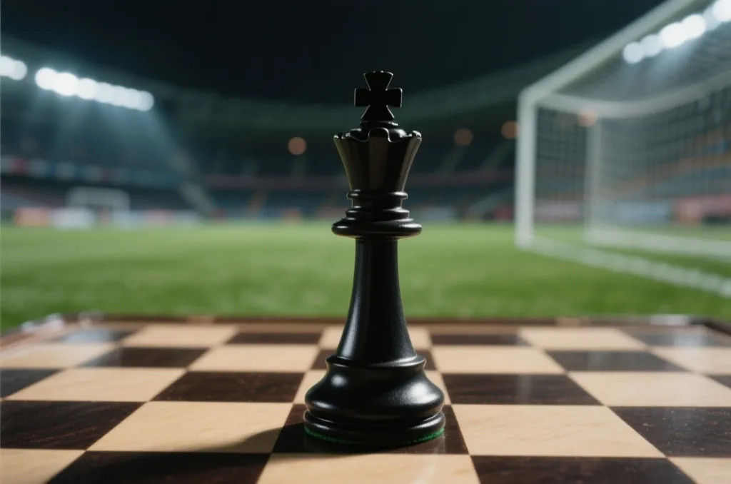 国际象棋与模糊的足球场背景,象征策略与博弈